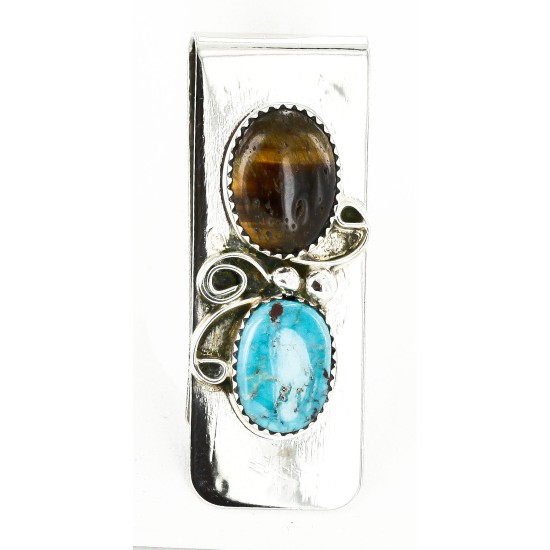 Handmade Certified Authentic Navajo Nickel and .925 Sterling Silver Natural Turquoise Tigers Eye Native American Money Clip 10525-3 Handmade Certified Authentic Navajo Nickel and .925 Sterling Silver Natural Turquoise Tigers Eye Native American Money Clip 10525-3