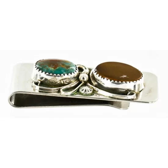Handmade Certified Authentic Navajo Nickel and .925 Sterling Silver Natural Turquoise Tigers Eye Native American Money Clip 10525-7 Handmade Certified Authentic Navajo Nickel and .925 Sterling Silver Natural Turquoise Tigers Eye Native American Money Clip 10525-7