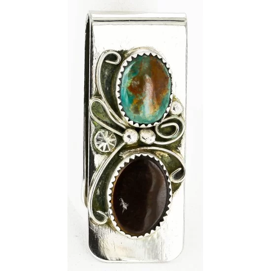Handmade Certified Authentic Navajo Nickel and .925 Sterling Silver Natural Turquoise Tigers Eye Native American Money Clip 10525-7 Handmade Certified Authentic Navajo Nickel and .925 Sterling Silver Natural Turquoise Tigers Eye Native American Money Clip 10525-7