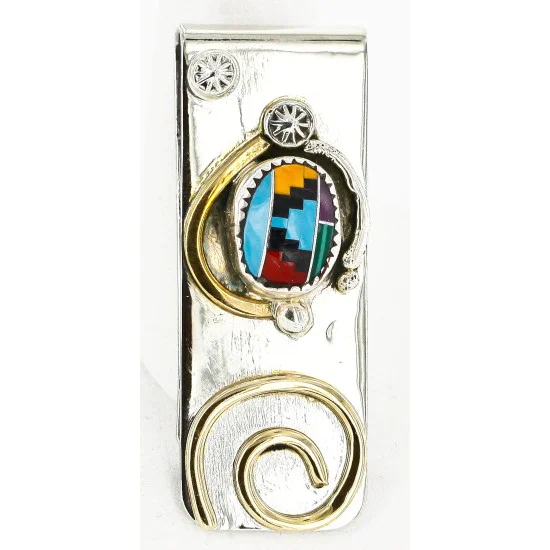 Handmade Certified Authentic Navajo Nickel and Brass Inlaid Natural Multicolor Stones Native American Money Clip 10525-10 Handmade Certified Authentic Navajo Nickel and Brass Inlaid Natural Multicolor Stones Native American Money Clip 10525-10