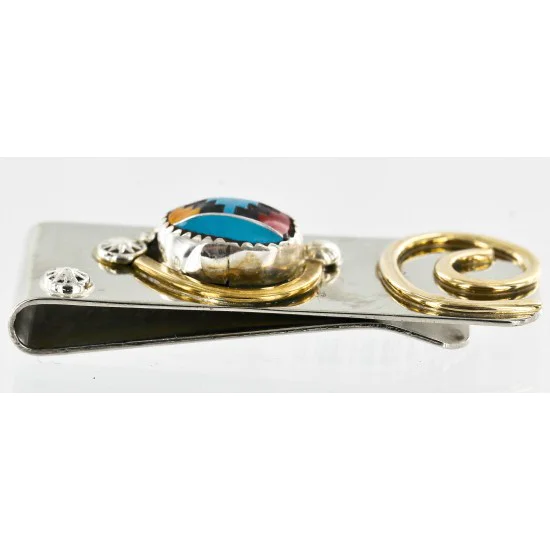 Handmade Certified Authentic Navajo Nickel and Brass Inlaid Natural Multicolor Stones Native American Money Clip 10525-10 Handmade Certified Authentic Navajo Nickel and Brass Inlaid Natural Multicolor Stones Native American Money Clip 10525-10