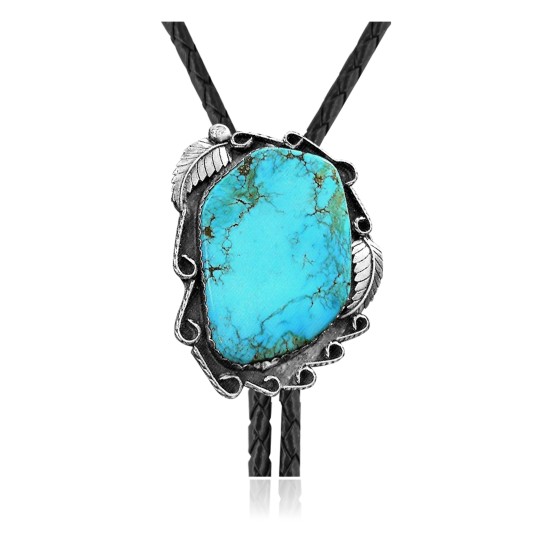 Feather .925 Sterling Silver Certified Authentic Handmade Navajo Native American Natural Turquoise Bolo Tie 34224