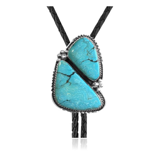 Handmade Certified Authentic Navajo .925 Sterling Silver Native American Natural Turquoise Bolo Tie 34232
