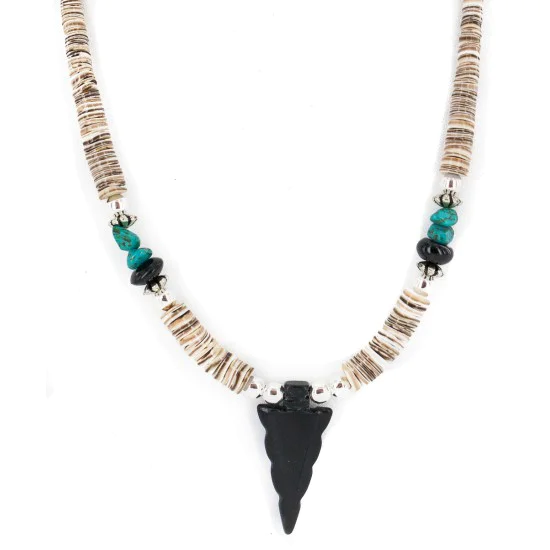 .925 Sterling Silver Arrow Certified Authentic Navajo Natural Turquoise Black Onyx Graduated Melon Shell Native American Necklace 750237-4 .925 Sterling Silver Arrow Certified Authentic Navajo Natural Turquoise Black Onyx Graduated Melon Shell Native American Necklace 750237-4