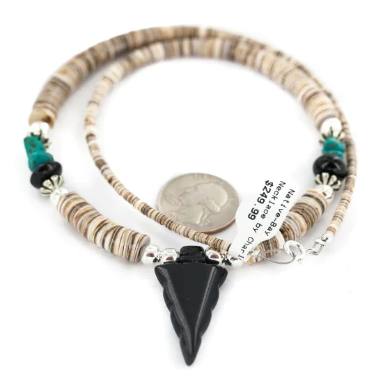 .925 Sterling Silver Arrow Certified Authentic Navajo Natural Turquoise Black Onyx Graduated Melon Shell Native American Necklace 750237-4 .925 Sterling Silver Arrow Certified Authentic Navajo Natural Turquoise Black Onyx Graduated Melon Shell Native American Necklace 750237-4