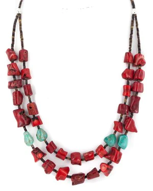 2 Strand Certified Authentic Navajo .925 Sterling Silver Natural Turquoise Coral Heishi Native American Necklace 750236-2 2 Strand Certified Authentic Navajo .925 Sterling Silver Natural Turquoise Coral Heishi Native American Necklace 750236-2