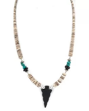 .925 Sterling Silver Arrow Certified Authentic Navajo Natural Turquoise Black Onyx Graduated Melon Shell Native American Necklace 750237-4 .925 Sterling Silver Arrow Certified Authentic Navajo Natural Turquoise Black Onyx Graduated Melon Shell Native American Necklace 750237-4