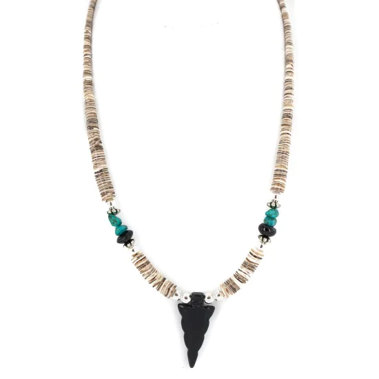 .925 Sterling Silver Arrow Certified Authentic Navajo Natural Turquoise Black Onyx Graduated Melon Shell Native American Necklace 750237-4 .925 Sterling Silver Arrow Certified Authentic Navajo Natural Turquoise Black Onyx Graduated Melon Shell Native American Necklace 750237-4