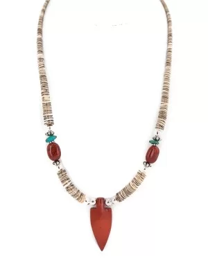 .925 Sterling Silver Arrow Certified Authentic Navajo Natural Turquoise Red Jasper Graduated Melon Shell Native American Necklace 750237-5 .925 Sterling Silver Arrow Certified Authentic Navajo Natural Turquoise Red Jasper Graduated Melon Shell Native American Necklace 750237-5