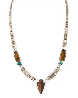 .925 Sterling Silver Arrow Certified Authentic Navajo Natural Turquoise Tigers Eye Graduated Melon Shell Native American Necklace 750237-2 .925 Sterling Silver Arrow Certified Authentic Navajo Natural Turquoise Tigers Eye Graduated Melon Shell Native American Necklace 750237-2