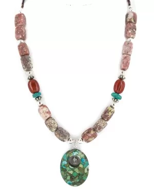 .925 Sterling Silver Certified Authentic Navajo Natural Turquoise Jasper Charoite Native American Necklace 750237-7 .925 Sterling Silver Certified Authentic Navajo Natural Turquoise Jasper Charoite Native American Necklace 750237-7