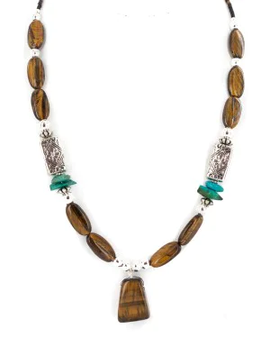 .925 Sterling Silver Certified Authentic Navajo Natural Turquoise Tigers Eye Native American Necklace 750237-6 .925 Sterling Silver Certified Authentic Navajo Natural Turquoise Tigers Eye Native American Necklace 750237-6