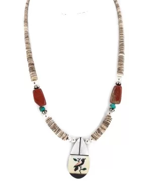 Bird Certified Authentic Navajo .925 Sterling Silver Inlay Natural Turquoise Mother of Pearl Red Jasper Black Onyx Native American Necklace 750238-10 Bird Certified Authentic Navajo .925 Sterling Silver Inlay Natural Turquoise Mother of Pearl Red Jasper Black Onyx Native American Necklace 750238-10