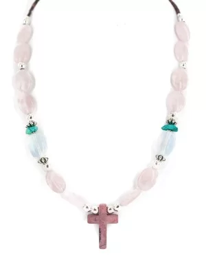 Cross .925 Sterling Silver Certified Authentic Navajo Natural Turquoise Opalite Pink Quartz Charoite Native American Necklace 750237-10 Cross .925 Sterling Silver Certified Authentic Navajo Natural Turquoise Opalite Pink Quartz Charoite Native American Necklace 750237-10