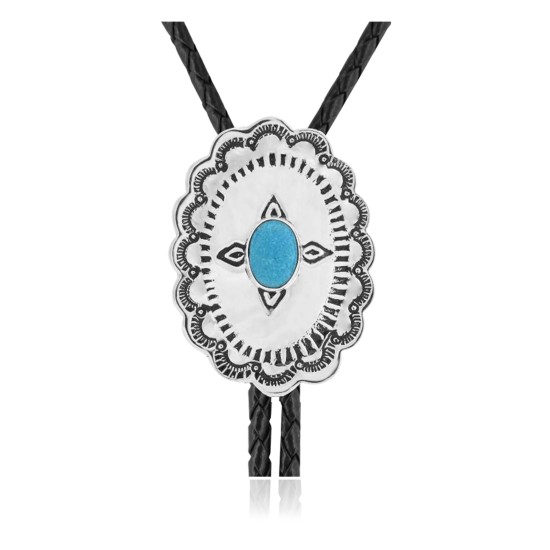 Sun .925 Sterling Silver Certified Authentic Handmade Navajo Native American Natural Turquoise Bolo Tie 34234
