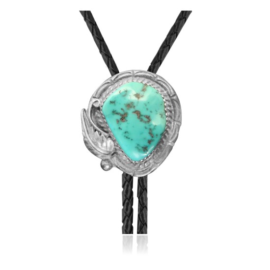 Feather .925 Sterling Silver Certified Authentic Handmade Navajo Native American Natural Turquoise Bolo Tie 34235