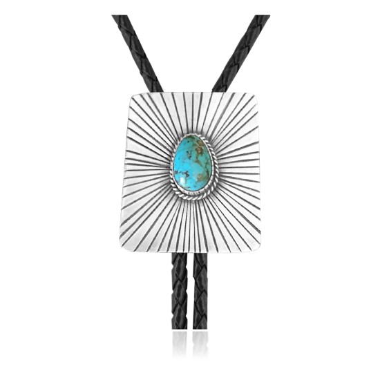Handmade Certified Authentic Navajo .925 Sterling Silver Native American Natural Turquoise Bolo Tie 34238