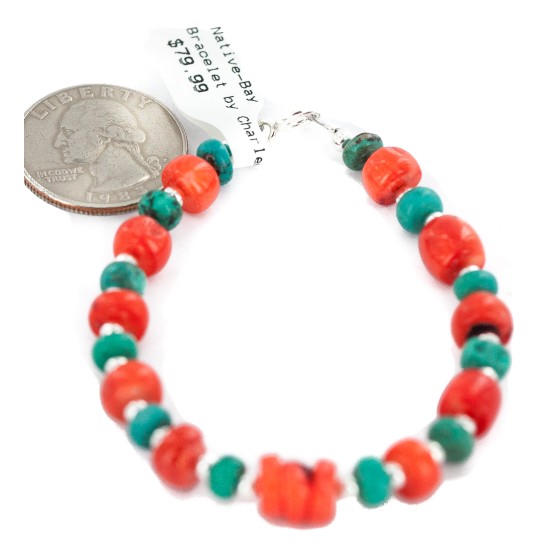 .925 Sterling Silver Navajo Certified Authentic Natural Turquoise Coral Native American Bracelet 13179
