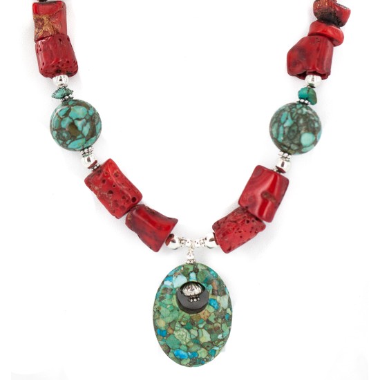 .925 Sterling Silver Certified Authentic Navajo Turquoise Coral Native American Necklace 24214-15 .925 Sterling Silver Certified Authentic Navajo Turquoise Coral Native American Necklace 24214-15