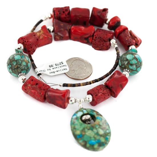 .925 Sterling Silver Certified Authentic Navajo Turquoise Coral Native American Necklace 24214-15 .925 Sterling Silver Certified Authentic Navajo Turquoise Coral Native American Necklace 24214-15