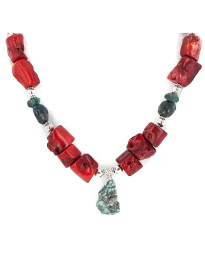 .925 Sterling Silver Certified Authentic Navajo Natural Turquoise Coral Native American Necklace 24514-8