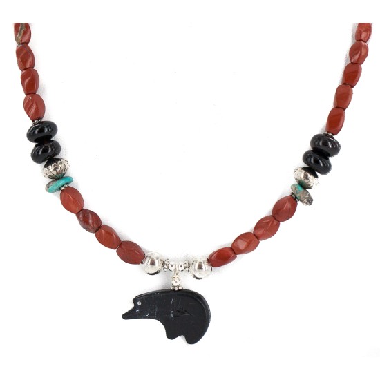 .925 Sterling Silver Certified Authentic Navajo Natural Turquoise Red Jasper Black Onyx Jet Native American Necklace 24511-5 All Products NB160521225412 24511-5 (by LomaSiiva)