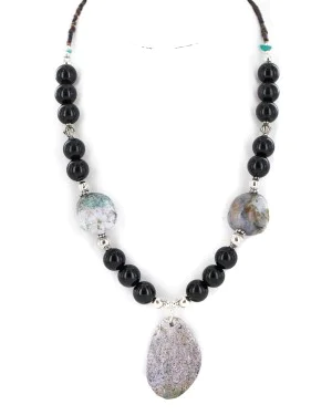 .925 Sterling Silver Certified Authentic Navajo Natural Black Onyx Jasper Native American Necklace 24512-8
