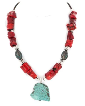 .925 Sterling Silver Certified Authentic Navajo Natural Spiderweb Turquoise Coral Native American Necklace 24511-2