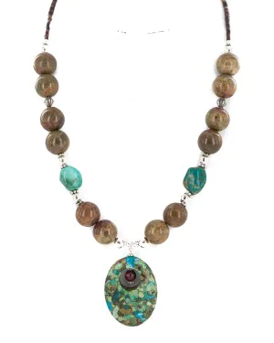 .925 Sterling Silver Certified Authentic Navajo Natural Turquoise Agate Native American Necklace 24514-6