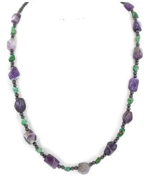 .925 Sterling Silver Certified Authentic Navajo Natural Turquoise Amethyst Hematite Native American Necklace 24511-8 .925 Sterling Silver Certified Authentic Navajo Natural Turquoise Amethyst Hematite Native American Necklace 24511-8