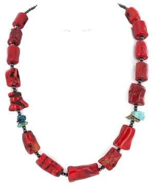 .925 Sterling Silver Certified Authentic Navajo Natural Turquoise Coral Hematite Native American Necklace 24511-1