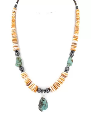 .925 Sterling Silver Certified Authentic Navajo Natural Turquoise Graduated Melon Shell Hematite Native American Necklace 24511-7 .925 Sterling Silver Certified Authentic Navajo Natural Turquoise Graduated Melon Shell Hematite Native American Necklace 24511-7
