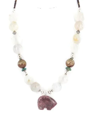.925 Sterling Silver Certified Authentic Navajo Natural Turquoise Quartz Charoite Agate Native American Necklace 24514-13