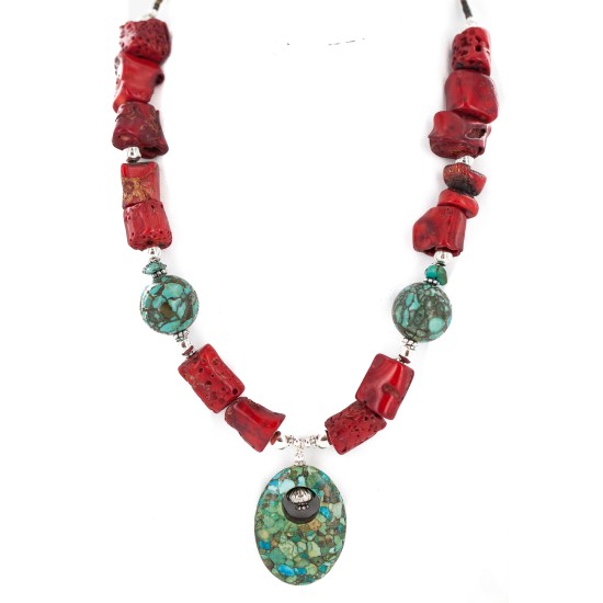 .925 Sterling Silver Certified Authentic Navajo Turquoise Coral Native American Necklace 24214-15 .925 Sterling Silver Certified Authentic Navajo Turquoise Coral Native American Necklace 24214-15
