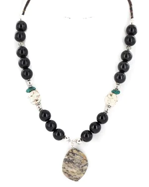.925 Sterling Silver Certified Authentic Navajo White Howlite Jasper Black Onyx Native American Necklace 24512-6