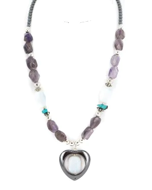 .925 Sterling Silver Heart Certified Authentic Navajo Natural Turquoise Amethyst Opalite Hematite Native American Necklace 24514-12
