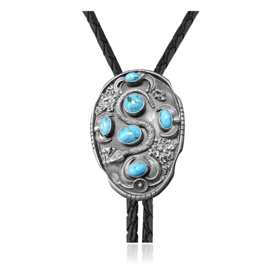 Snake .925 Sterling Silver Certified Authentic Handmade Navajo Native American Natural Turquoise Bolo Tie 34241