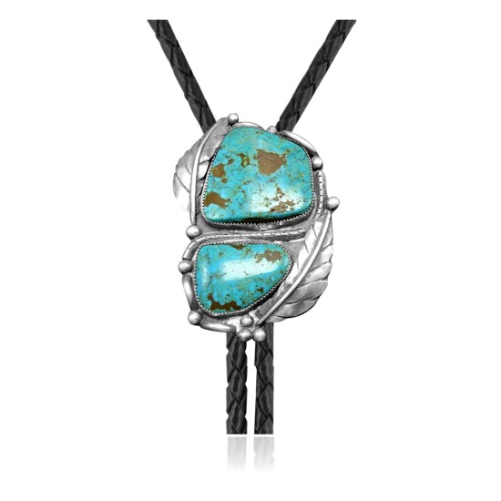 Feather .925 Sterling Silver Certified Authentic Handmade Navajo Native American Natural Turquoise Bolo Tie 34242