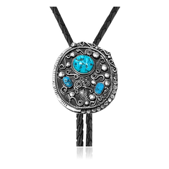 Feather .925 Sterling Silver Certified Authentic Handmade Navajo Native American Natural Turquoise Bolo Tie 34243