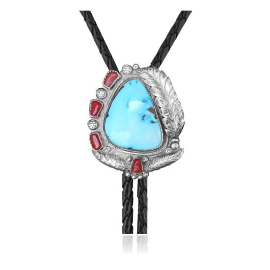 Feather .925 Sterling Silver Certified Authentic Handmade Navajo Native American Natural Turquoise Coral Bolo Tie 34246