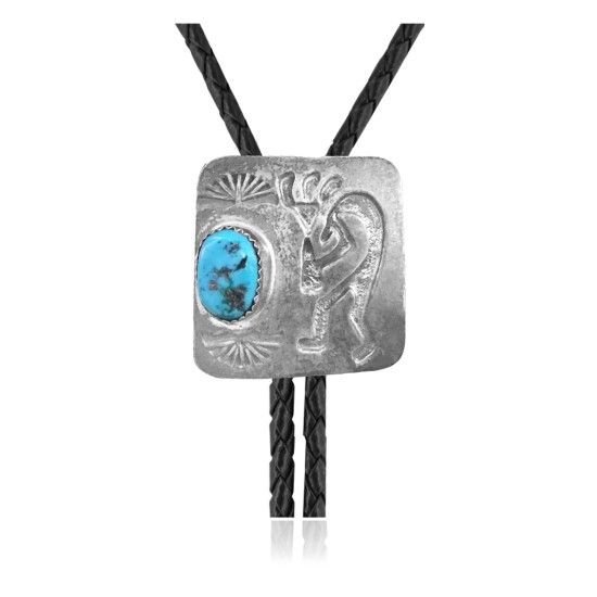 Handmade Certified Authentic Navajo .925 Sterling Silver Native American Natural Turquoise Bolo Tie 34248