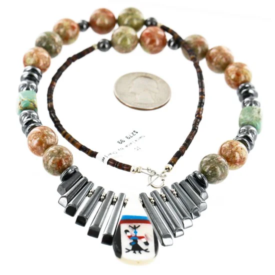 Inlaid Certified Authentic Navajo .925 Sterling Silver Turquoise Jasper Hematite Native American Necklace 750181-2 Inlaid Certified Authentic Navajo .925 Sterling Silver Turquoise Jasper Hematite Native American Necklace 750181-2