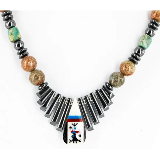 Inlaid Certified Authentic Navajo .925 Sterling Silver Turquoise Jasper Hematite Native American Necklace 750181-2 Inlaid Certified Authentic Navajo .925 Sterling Silver Turquoise Jasper Hematite Native American Necklace 750181-2