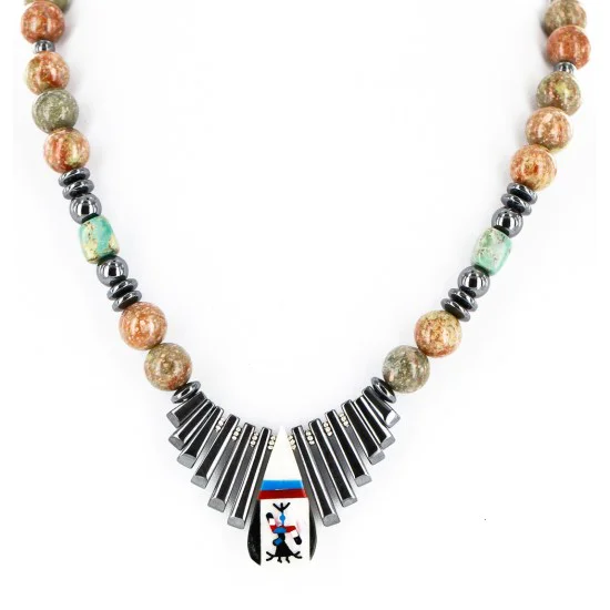 Inlaid Certified Authentic Navajo .925 Sterling Silver Turquoise Jasper Hematite Native American Necklace 750181-2 Inlaid Certified Authentic Navajo .925 Sterling Silver Turquoise Jasper Hematite Native American Necklace 750181-2