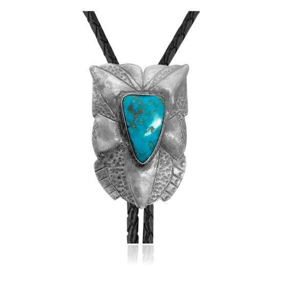 Sun .925 Sterling Silver Certified Authentic Handmade Navajo Native American Natural Turquoise Bolo Tie 34227
