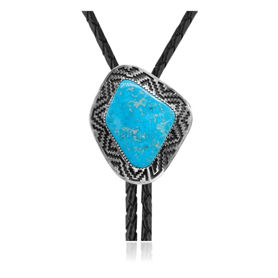 Maze .925 Sterling Silver Certified Authentic Handmade Navajo Native American Natural Turquoise Bolo Tie 34258