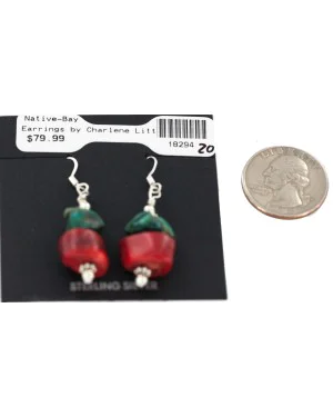 .925 Sterling Silver Hooks Certified Authentic Navajo Natural Turquoise Coral Native American Dangle Earrings 18294-20