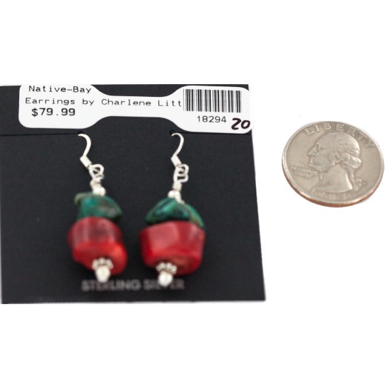 .925 Sterling Silver Hooks Certified Authentic Navajo Natural Turquoise Coral Native American Dangle Earrings 18294-20 All Products NB160528030222 18294-20 (by LomaSiiva)