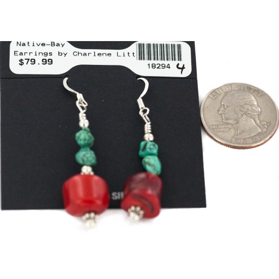 .925 Sterling Silver Hooks Navajo Certified Authentic Natural Turquoise Coral Native American Dangle Earrings 18294-4 All Products NB160528032907 18294-4 (by LomaSiiva)