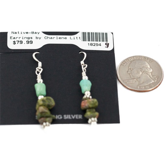 .925 Sterling Silver Hooks Certified Authentic Navajo Natural Turquoise Green Jasper Native American Dangle Earrings 18294-9 All Products NB160528194808 18294-9 (by LomaSiiva)